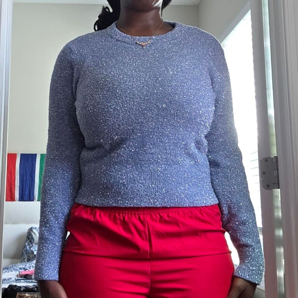 Blue Metallic Sparkle Knit Long Sleeve Sweater Y2K Top